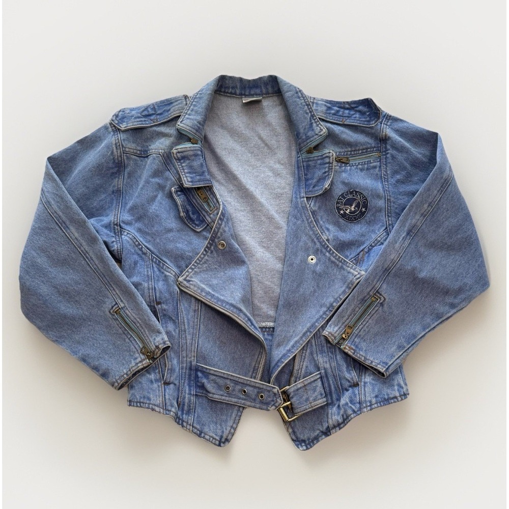VTG Denim Motorcycle Jacket Women's Small Bat Jeans 80s Rare 100% Cotton Light‎